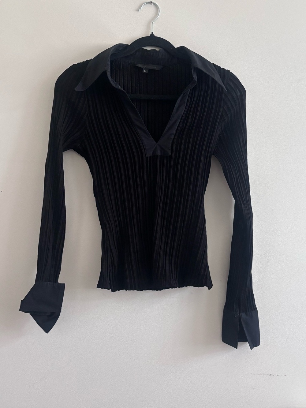 GUESS Black Ribbed Long-Sleeve Collared Top